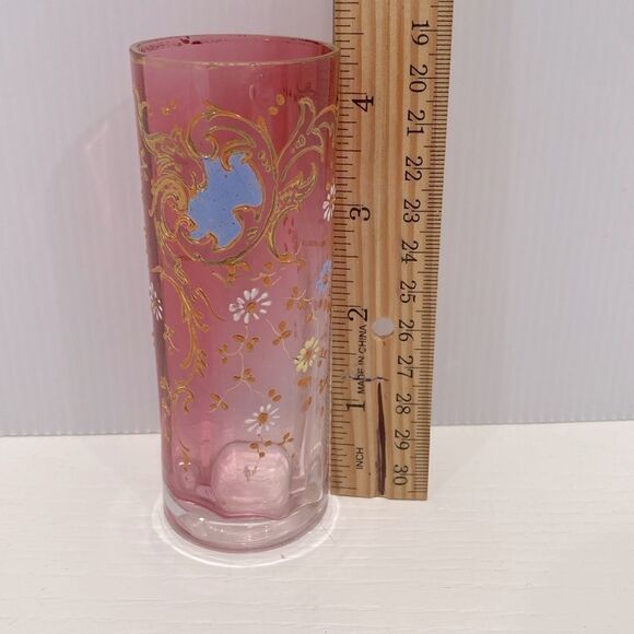 Vintage Hand Blown Cranberry Glass Hand Painted 3D Floral Single Bud Vase - Picture 5 of 9